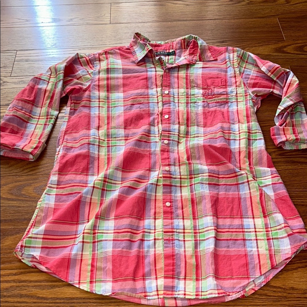 LAUREN RALPH LAUREN PINK & GREEN PLAID LRL MONOGRAMMED LIGHTWEIGHT  SLEEPSHIRT M